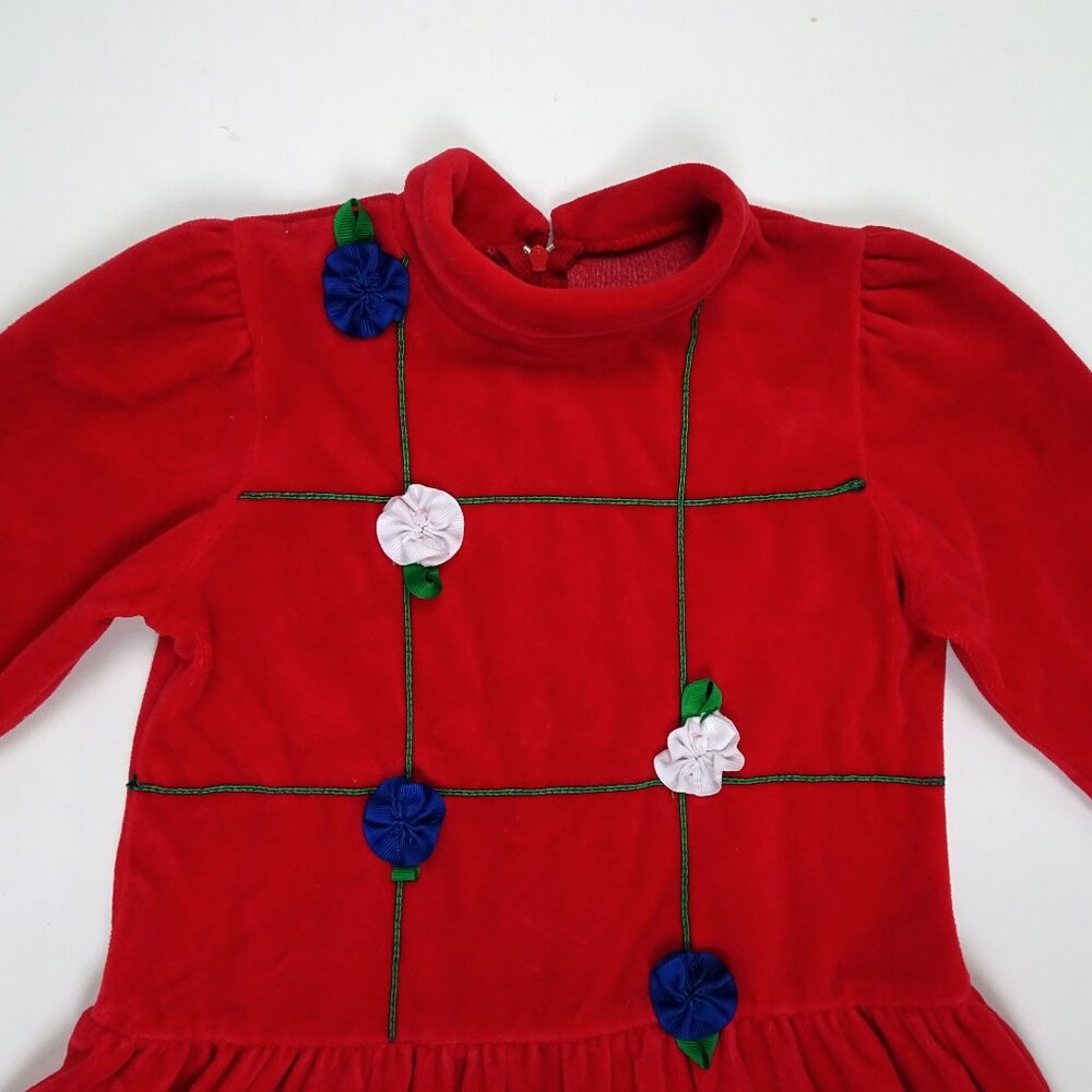Vintage Sylvia Whyte Red Velvet Girls Dress 5 XS Rosettes Puffed Long Sleeves